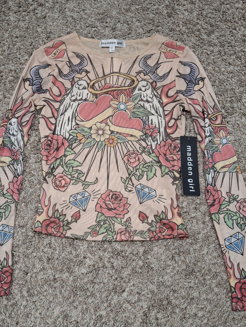 Madden Girl  Mesh Sheer Stretch FloraTattoo-Print Long Sleeve Top Size XS Jr NWT